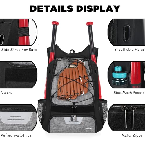 Goloni | Baseball Backpack,Baseball Bag for Adult,Softball Bat Bag with Shoes Compartment,Large Main Compartment for Helmet & accessories, Fence Hook - color: Grey