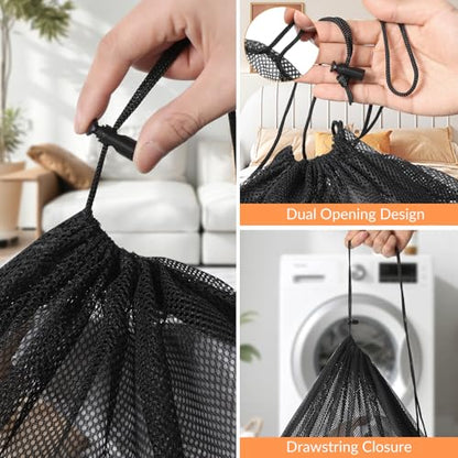 2 Pack Mesh Laundry Bags - Large & Small Heavy Duty Mesh Laundry Bag with Drawstring, Wash Bags for Travel, College, Dorms, Sports, Family, Black - color: Black