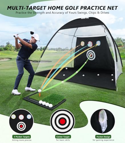 Golf Net: 10 x 7FT Practice Net with Mat for Chipping, Swing, Driving Practice, Nets for Backyard, Indoor & Outdoor Use, Ideal Golf Accessories Gifts for Men, Women, dad, Husbands, and Golfers.