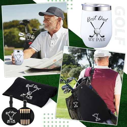 Funnymoom 3 Pcs Golf Gifts for Dad Men Husband Best Dad by Par Accessories Set Kit Include 12 oz Tumbler Tee Holder with Wood Golf Tee and Black Towel for Thanksgiving Day Christmas Birthday Gifts