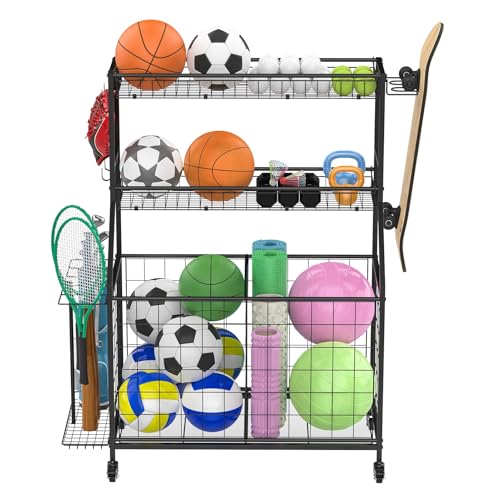 Outdoor Storage Sports Equipment Organizer, 3-Tier Heavy Duty Rolling Cart with Lockable Wheels, Removable Mesh Baskets & Bottom Bin for Balls, Bats, and Gear A
