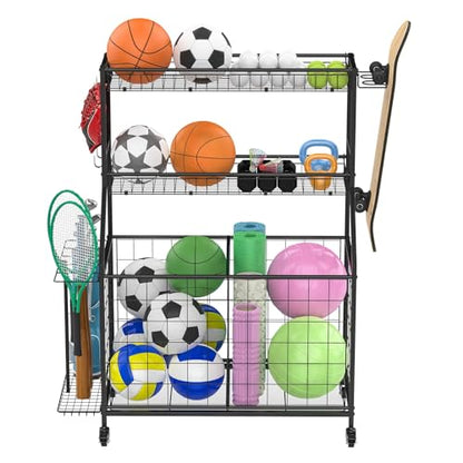 Outdoor Storage Sports Equipment Organizer, 3-Tier Heavy Duty Rolling Cart with Lockable Wheels, Removable Mesh Baskets & Bottom Bin for Balls, Bats, and Gear A