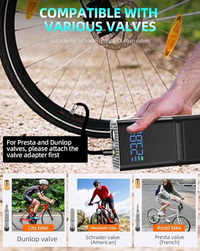 Tire Inflator Electric Bike Pump - 150PSI Portable Air Pump with Pressure Gauge, 6000mAh Electric Ball Pump with Schrader/Dunlop/Presta Valve for Road, Mountain Bicycles, E-Bike, Motorcycle, Balls