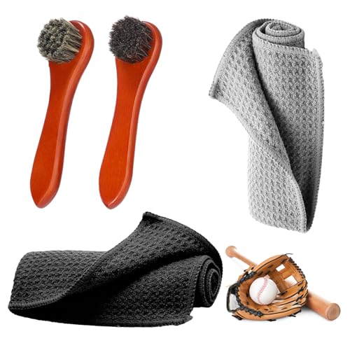 Arrowbash 4 Pcs Softball Glove Brush Kit with 6 in Wooden Horsehair Boar Bristle Brushes and 12 in Microfiber Waffle Towels Leather Glove Cleaner Care Accessories for Baseball Softball