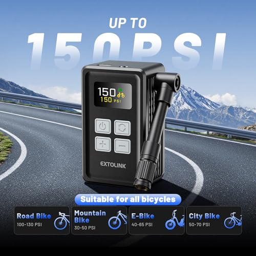 Mini Bike Tire Pump - 20s Fast Inflate Electric Bike Pump with Gauge, Max 150PSI Electric Air Pump with Presta & Schrader Valve for Road Bike, Mountain Bike, Electric Bike