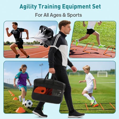 OLIXIS Agility Ladder, Soccer Training Equipment Set, 20 ft Speed Ladder, 12 Soccer Cones, 4 Agility Hurdles, Jump Rope, Resistance Parachute Agility Training Equipment for Kids, Youth, Adults, Orange