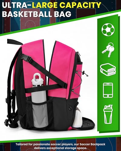 Hsmihair Basketball Backpack Large Sports Bag for Men&Youth,Gym Bag with Separate Ball & Shoes Compartment,Travel Bag for Basketball,Soccer,Volleyball - color: Deep Pink