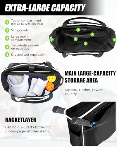 Tennis Tote Bag for Women, Lightweight Waterproof Tennis Racket Bag Holds 2 Rackets, Pickleball Bag, Large Sports Tote