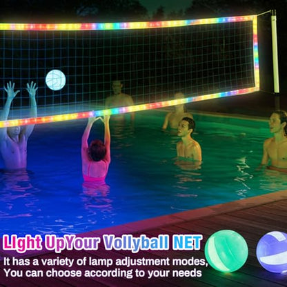 LED Professional Volleyball Net with Steel Cable 31.2x3.3ft Portable Light up Volleyball Net Outdoor with Remote Control Glow in The Dark for Backyard Beach Pool Game Outdoor