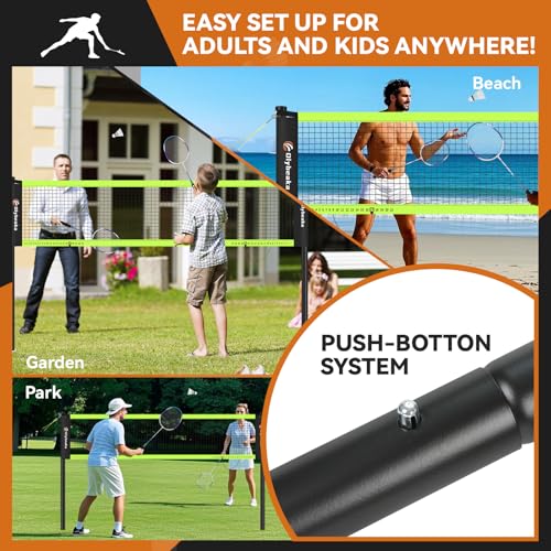12ft Badminton Net Set for Backyard Beach with Durable Anti-Sagging Net, Heavy Duty Poles, 2 Aluminum Badminton Rackets, 3 Shuttlecocks, Carry Bag - Easy Setup & High Stable