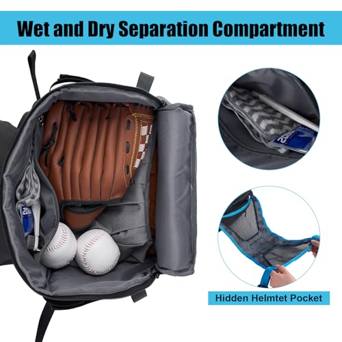 45L Youth Baseball Bat Bag, Softball Bag, Baseball Equipment Backpack Bag with Shoe Compartment - color: Blue