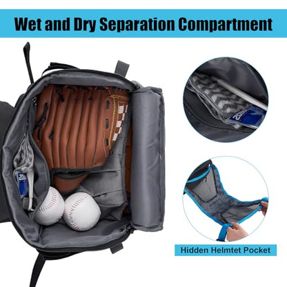 45L Youth Baseball Bat Bag, Softball Bag, Baseball Equipment Backpack Bag with Shoe Compartment - color: Blue
