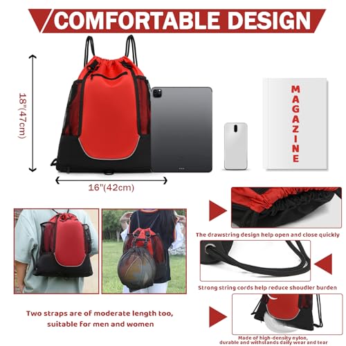 STAY GENT Drawstring Basketball Backpack for Boys, Foldable Soccer Backpack Gym Bag Sackpack Sports Sack with Detachable Ball Mesh Bag for Volleyball Baseball Yoga - color: Red