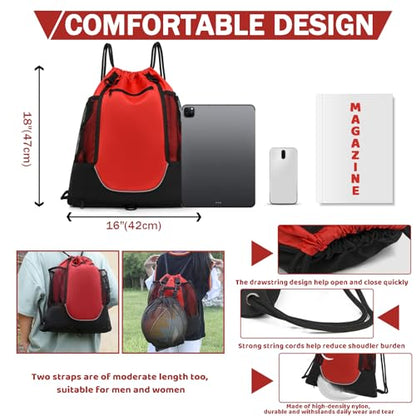 STAY GENT Drawstring Basketball Backpack for Boys, Foldable Soccer Backpack Gym Bag Sackpack Sports Sack with Detachable Ball Mesh Bag for Volleyball Baseball Yoga - color: Red