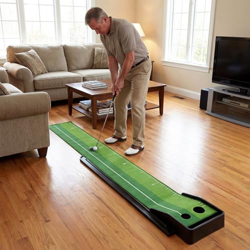 Tangkula Putting Green Indoor Golf Putting Mat with Auto Ball Return, 3 Putting Practice Balls, Alignment Markings, Non-Slip Base, Golf Training Aid for Home, Office & Outdoors