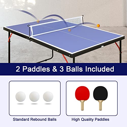 4/6/8/9 ft Professional Table Tennis Table Ping-Pong Tables Set Foldable & Portable Tables with Removable Net 2 Table Tennis Paddles and 3 Balls Easy Assembly - color: Blue, size: 4 Ft