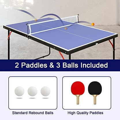 4/6/8/9 ft Professional Table Tennis Table Ping-Pong Tables Set Foldable & Portable Tables with Removable Net 2 Table Tennis Paddles and 3 Balls Easy Assembly - color: Blue, size: 4 Ft