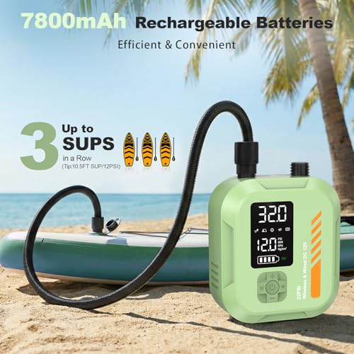 Paddle Board Pump Electric Portable,Rechargeable 22 PSI SUP Air Pump,Dual Power 7800mAh,12V DC Car Plug,Inflation Deflation,Auto-Off,for Paddleboard,Kayak,Kite,Tent,Kayaks - color: Green