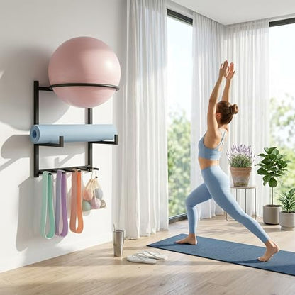 Wall Mounted Yoga Ball and Mat Holder, Space-Saving Home Gym Organizer and Storage Rack Fits 55-75cm Stability Ball with 5 Hooks for Resistance Bands and Equipment