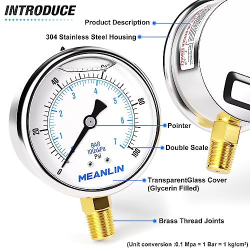 0~100Psi Stainless Steel 1/4" NPT 2.5" FACE DIAL Liquid Filled Pressure Gauge WOG Water Oil Air Lower Mount, with 1/2" NPT and 3/8" NPT Hex Bushing
