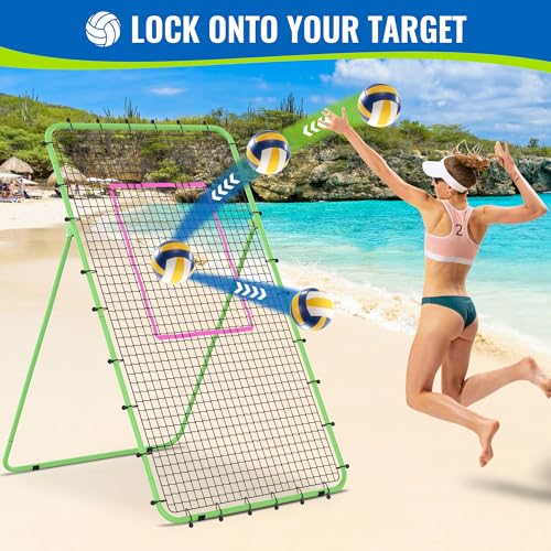 Volleyball Rebounder Net 7x4 FT, 5-Angle Adjustable Bounce Back Net, Steel Frame & PE Training Net for Volleying/Spiking, Rust-Resistant & Durable – w/Travel Bag, 2 NETS - color: Green & Pink