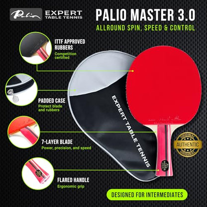 Palio Master 3.0 Table Tennis Bat & Case | ITTF-Approved Intermediate Ping Pong Racket | Allround Speed, Spin and Control | Case, ITTF-Approved, Allround Speed, Spin, Control - style: Set of 2 Rackets