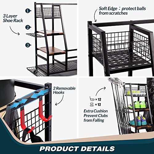 Sttoraboks Golf Bags Storage Garage Organizer, Golf Bag Rack Fits 2/3 Golf Bags and Golf Equipment Accessories, Golf Club Storage Stand with Wooden Shelf and Lockable Wheels for Garage Indoor Basement - style: 2pcs Bag Stand