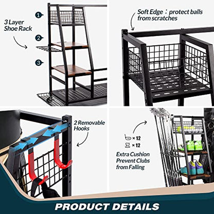 Sttoraboks Golf Bags Storage Garage Organizer, Golf Bag Rack Fits 2/3 Golf Bags and Golf Equipment Accessories, Golf Club Storage Stand with Wooden Shelf and Lockable Wheels for Garage Indoor Basement - style: 2pcs Bag Stand