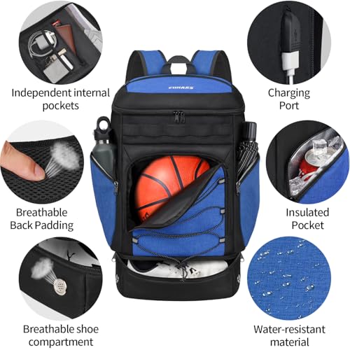 Basketball Backpack Bag Large Sports Bag with Separate Ball holder & Shoes compartment, Best for Basketball, Soccer,Volleyball,Gym - color: Blue