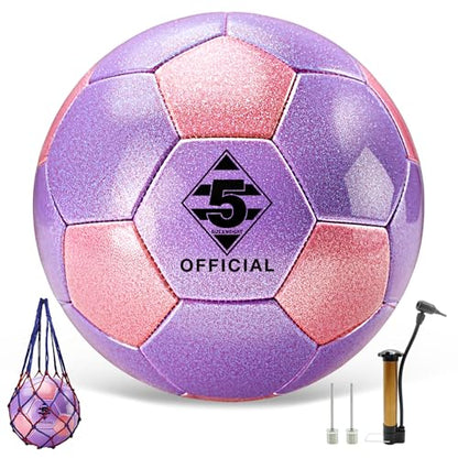 Glitter Pink Purple Soccer Ball Size 3 4 5 with Pump & Needle/Mesh Bag, Sofu PU Soccer Ball Kit for Indoor Outdoor Practicing Training Playing Gift Teens Youth Adults (Pink&Purple) (Size 5)