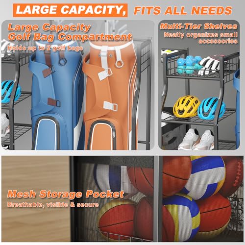 Ultrawall Golf Bag Storage Rack Organizer, Golf Bag Holder Stand for Garage, Golf Equipment Rack - size: 63.5in-Holds 2 Golf Bags & Ball