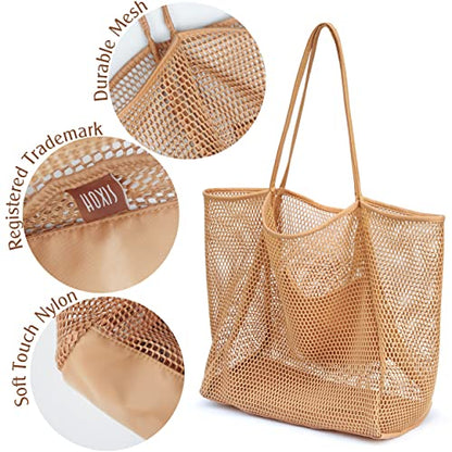 HOXIS Mesh Beach Tote Womens Shoulder Handbag - color: Tan