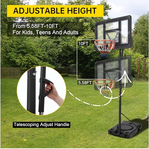 Basketball Hoop Outdoor 10FT Height Adjustable, Portable Basketball Goals & Hoops with PC Backboard and Large Water/Sand Base, Indoor Outdoor Basketball Hoop for Kids Youth Adults Backyard Driveway - style: Handle Position Adjustment Lift