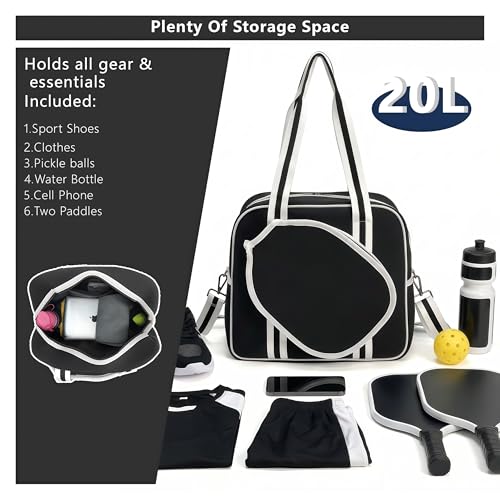 Pickleball Bag for Women Men, Tote with Adjustable Crossbody Strap, Lightweight Pickle Ball Bags with Paddle Cover Pocket Holds 2 Paddles