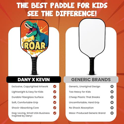 Kids Pickleball Paddle Designed for Ages 3–12 | Lightweight Fiberglass (0.37 lbs) | Small Grip for Easy Control | Fun Beginner Gift for Girls, Toddlers & Youth - color: Dinosaur