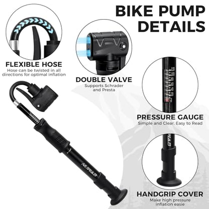 NUWAB Mini Bike Pump, 10 Inch Portable Hand Bicycle Pump, 100PSI, Support Shrader and Presta, Fast Air Out Ball Pump, Work with All Bikes and Balls, Swimming Ring, Come with Ball Needles, Nozzles