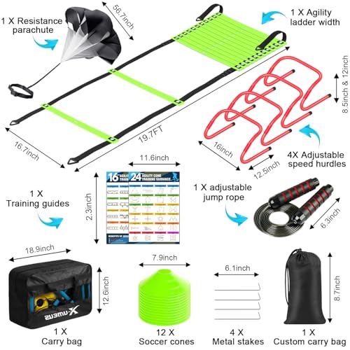 X-UMEUS Agility Ladder Speed Training Equipment Set-20ft Agility Ladder,12 Soccer Cones,4 Hurdles, Jump Rope, Running Parachute| Basketball Football Soccer Training Equipment for Kids Youth Adults - color: Green