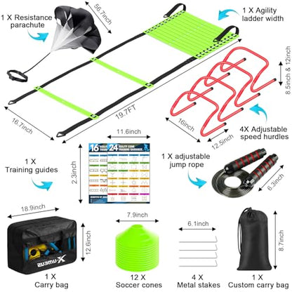 X-UMEUS Agility Ladder Speed Training Equipment Set-20ft Agility Ladder,12 Soccer Cones,4 Hurdles, Jump Rope, Running Parachute| Basketball Football Soccer Training Equipment for Kids Youth Adults - color: Green
