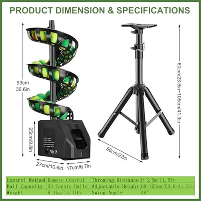 Automatic Tennis Ball Machine, Portable Remote Control Tennis Ball Server Machine, Adjustable Height (60~105cm) & Angle, Smart Ball Thrower