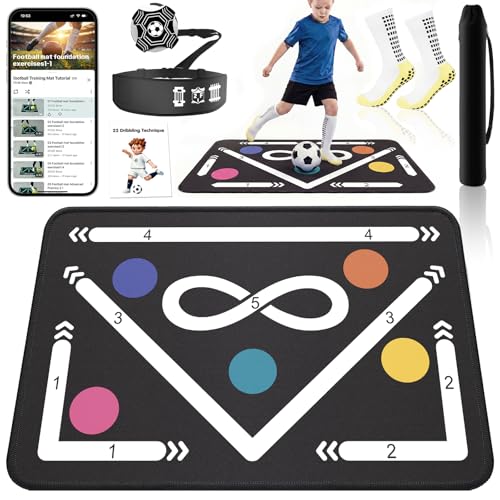 2F22E Soccer Training Mat for Kids & Youth, Non-Slip Silent Footwork Training Equipment with Soccer Bounce Trainer & Socks, Ball Mastery Skills Mat with Instructional Video for Indoor Practice - color: White