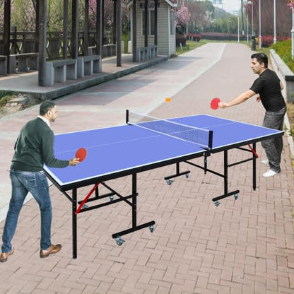 8ft Mid-Size Table Tennis Table Foldable & Portable Ping Pong Table Set for Indoor Games with Net, 2 Table Tennis Paddles and 3 Balls - style: Basic