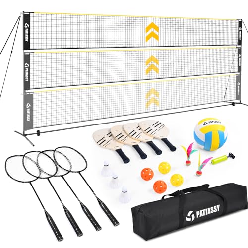 Volleyball Badminton Pickleball 3-in-1 Combo Net Set, 5.1-7.4ft Adjustable Height Sports Nets for Backyards, Portable 17ft Outdoor Net with Carry Bag, Rackets and Balls