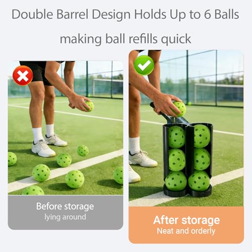 Pickleball Fence Ball Holder, Double Barrel Pickleball Ball Dispenser with Hook, Portable Court Fence Pickleball Holder, Holds 6 Balls, Durable & Weather Resistant