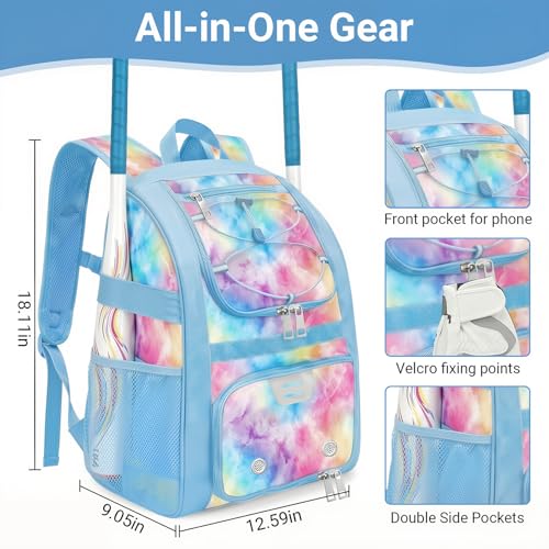 Youth Baseball Bag - Softball Bag for Girls & Boys with Shoes Compartment, Bat Backpack for Baseball, T-Ball & Softball Equipment - color: Tie-dye-Blue