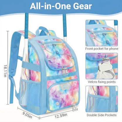 Youth Baseball Bag - Softball Bag for Girls & Boys with Shoes Compartment, Bat Backpack for Baseball, T-Ball & Softball Equipment - color: Tie-dye-Blue