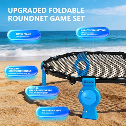 Upgraded Foldable Outdoor Games Kit (Includes 3 Balls, Pump, Carrying Case & Rules), VEXOMIX Metal Roundnet Game Set for Backyard, Lawn, Beach & Tailgating - Blue