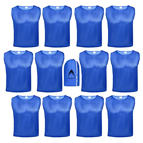 Athllete 12 pcs Duramesh Pinnies/Scrimmage Vest - Kids Youth and Adult Pinnies, Numbered Penny Jerseys for Soccer - color: Azure Blue (Set of 12), size: Large