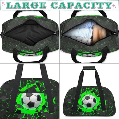 Green Soccer Kids Duffel Bag for Boys, Football Sports Gym Bag Overnight Travel Weekender Bag Lightweight Carry On Sleepovers Bag for School Practice Gymnastics - color: Soccer