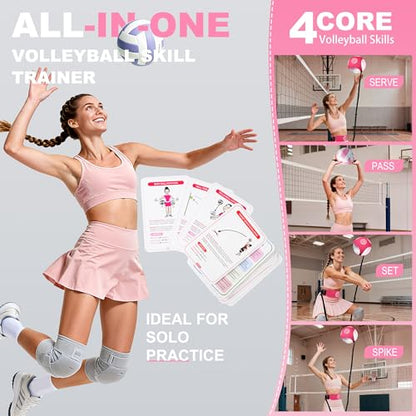 Volleyball Training Equipment (No Ball Included): 6-Piece Pink Solo Volleyball Trainer Set with Training Cards for Serving, Spiking, Setting & Hitting – Gift for Teen Girls and Beginner Player