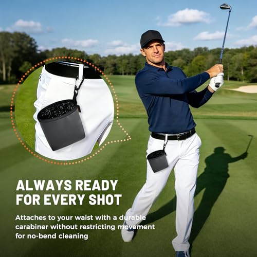 Golf Club and Ball Cleaning Bag with Waterproof Liner, Golf Ball Cleaner Pouch, Cleans Club Grooves and Balls, Detachable Clip, PU Leather Exterior, Golfer Gifts for Men